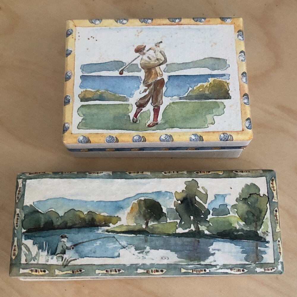 Vintage 1990 Catriona Stewart Golf Fishing Watercolor Painted Boxes - England
